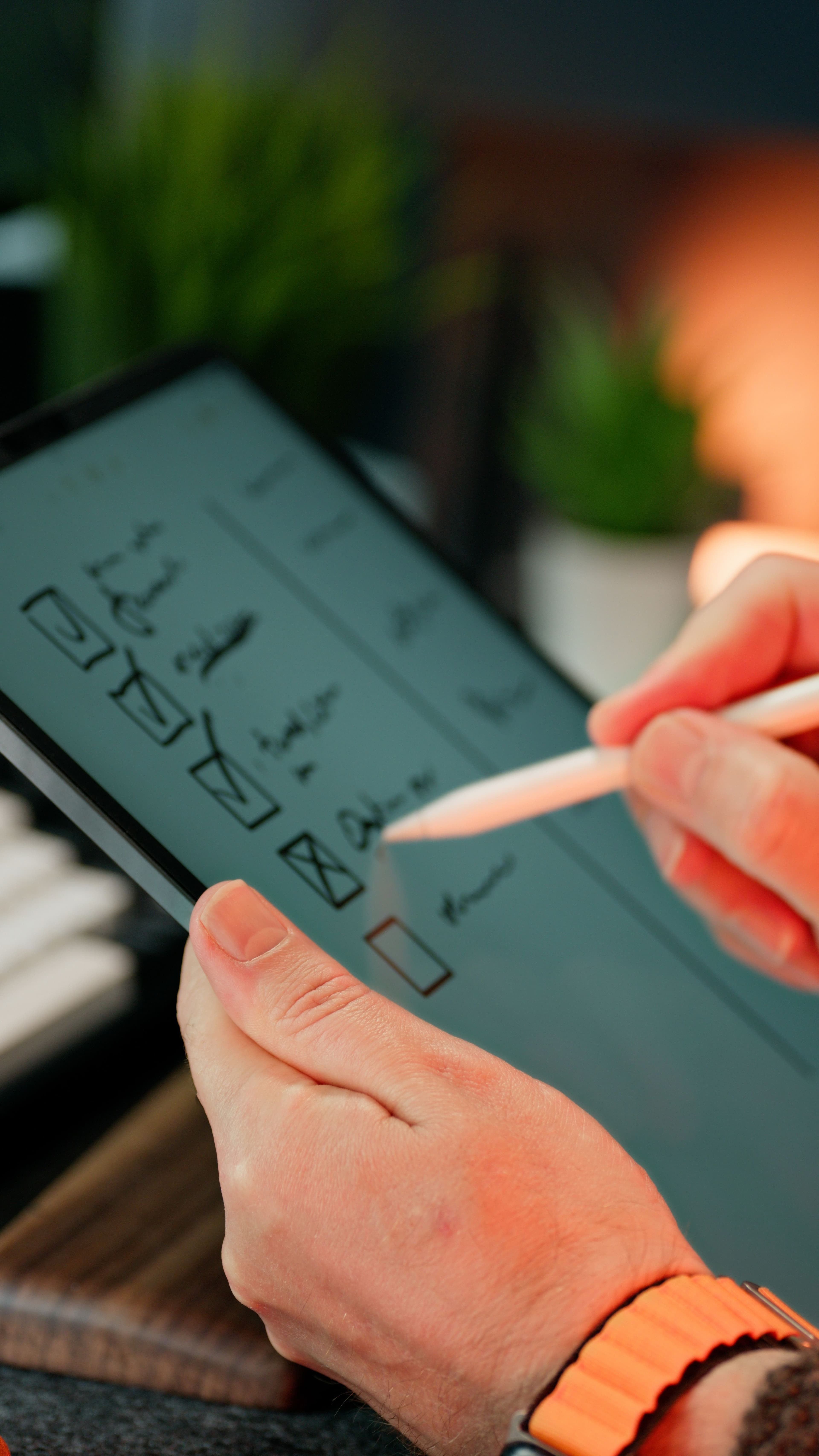 Hände haken mit einem Stift eine handschriftliche Checkliste auf einem Tablet ab