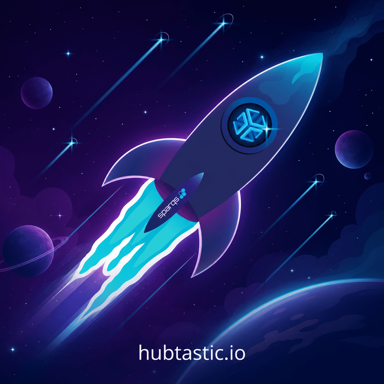 Illustrierte Rakete mit sparqs-Logo startet durch den Weltraum, Schriftzug hubtastic.io