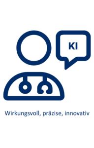 Es ist die Kontur eines Oberkörpers zu sehen. Um den Hals hängt ein Stethoskop. Neben der Person ist eine Sprechblase zu sehen, in deren Mitte steht 