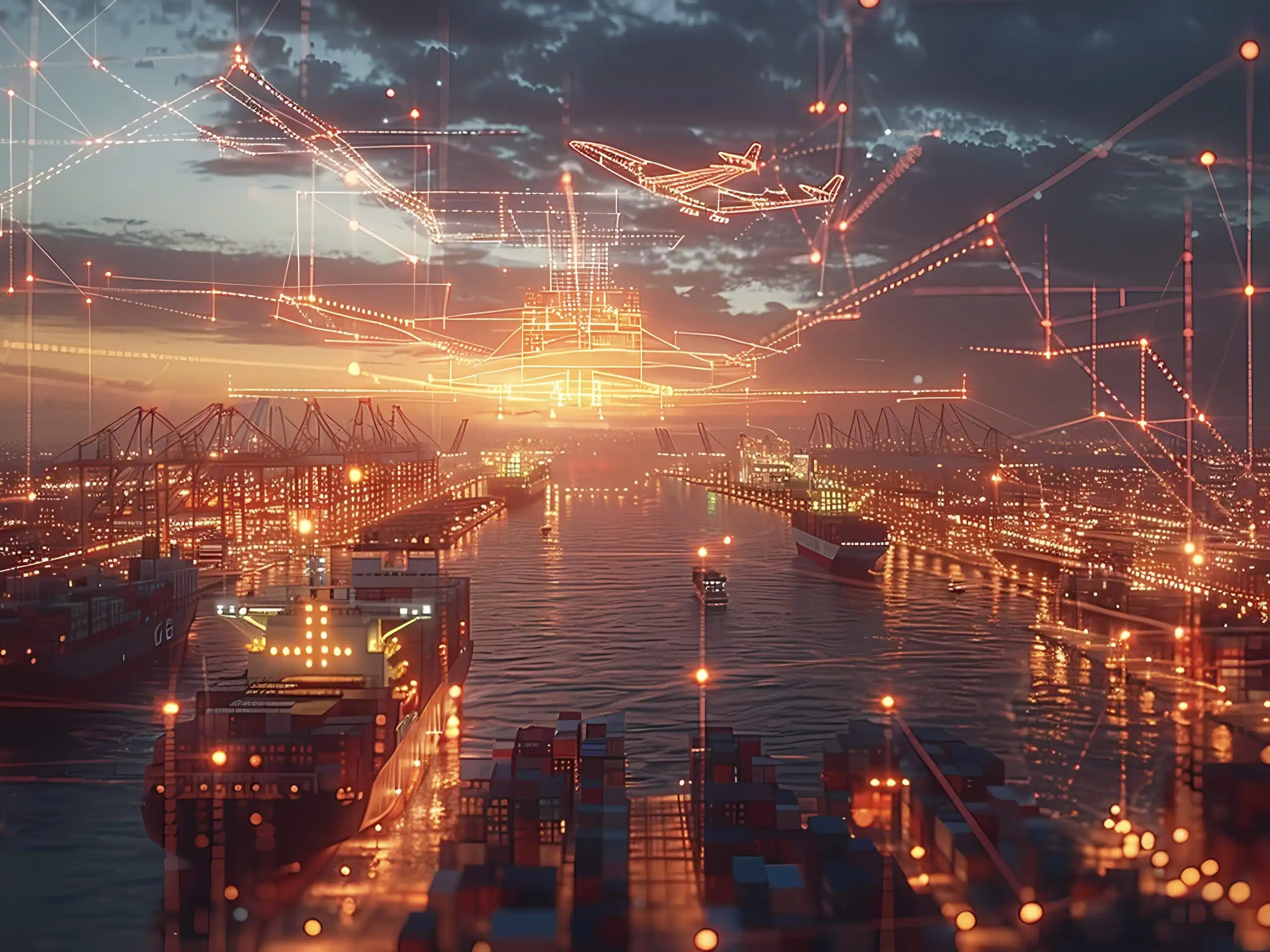logistics-means-transport-together-with-technological-futuristic-holograms Eine Großstadt mit vielen Hochhäusern ist zu sehen. Zwischen den Häusern verlaufen Neon-Linien. SAP Utilities soll für eine gut vernetzte Stadt stehen