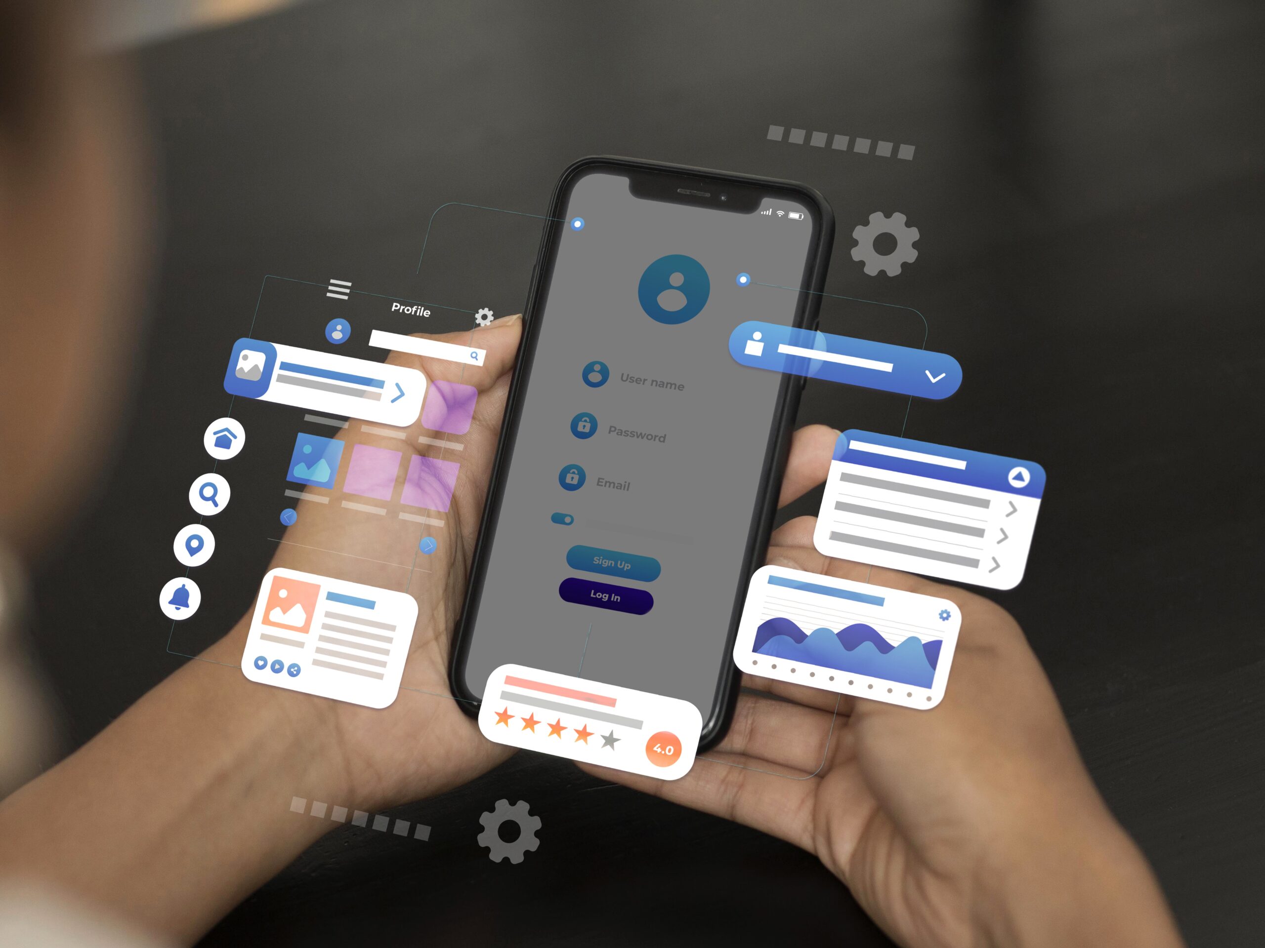Ein Roboter steht auf einem Tablet, das durch das Weltall schwebt